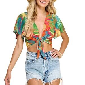 Green Multicolor Tropical Print Tie Front Flutter Sleeve Cropped Top Plus 2X NWT